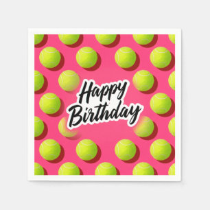 Serviette En Papier Tennis Joyeux Anniversaire avec balle sur rose