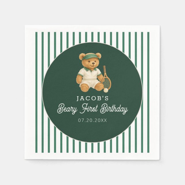 Serviette En Papier Tennis Preppy Bear Green 1er anniversaire (Devant)