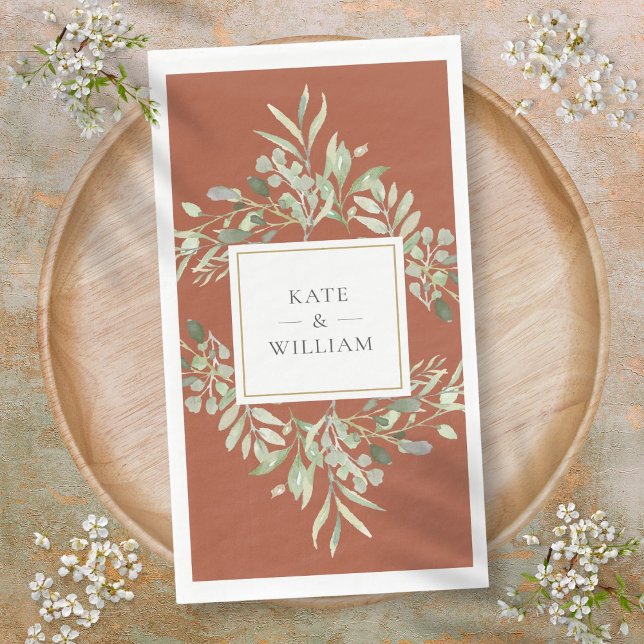 Serviette En Papier Terracotta Botanical Greenery Mariage de feuillage (Terracotta Botanical Greenery Foliage Wedding Paper Guest Towels)
