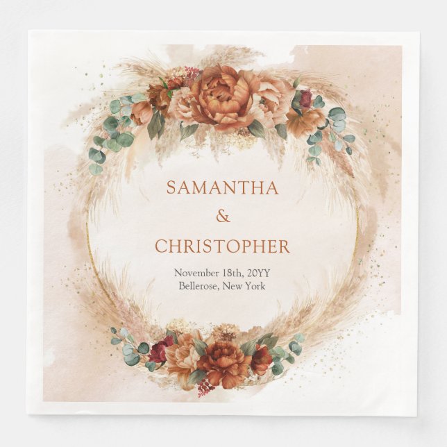 Serviette En Papier Terracotta tendance fleurs bordeaux verdure pampas (Devant)