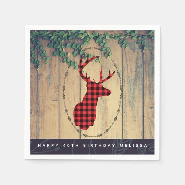 Serviette En Papier Tête de cerf avec Antlers - Red Plaid Rustic Anniv (Devant)