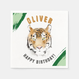Serviette En Papier Tête de Tigre Sauvage Aquarelle Anniversaire Nom