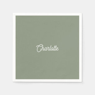Serviette En Papier texte de nom personnalisé Vert sauge blanc minimal