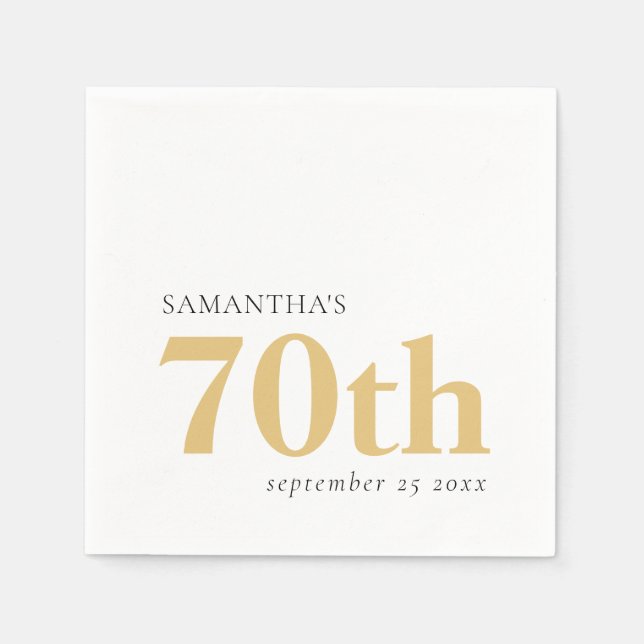 Serviette En Papier Texte personnalisé moderne Black Gold 70e Nom Date (Devant)