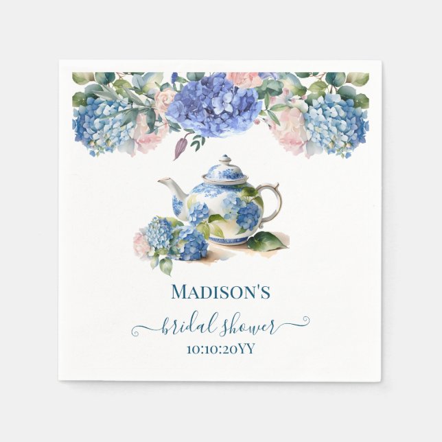 Serviette En Papier Thé de mariage aux hortensias bleus (Devant)