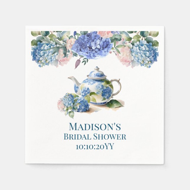 Serviette En Papier Thé de mariage aux hortensias bleus (Devant)