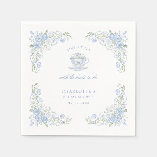 Serviette En Papier Thé de mariage floral bleu (Devant)