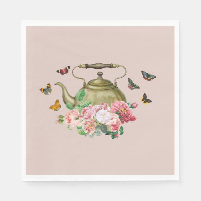 Serviette En Papier Théière Fleurs Roses et Papillons (Devant)