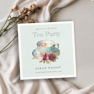 Serviette En Papier Théière florale sarcelle dorée pour la fête du thé