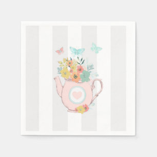 Serviette En Papier Théière rose avec fleurs et papillons