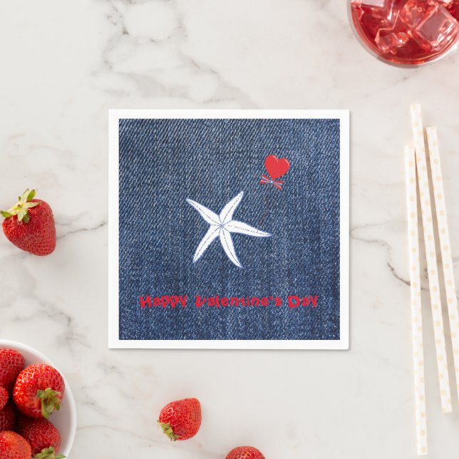 Serviette En Papier Thème côtier Saint-Valentin Coeur rouge & Starfish (En situation)