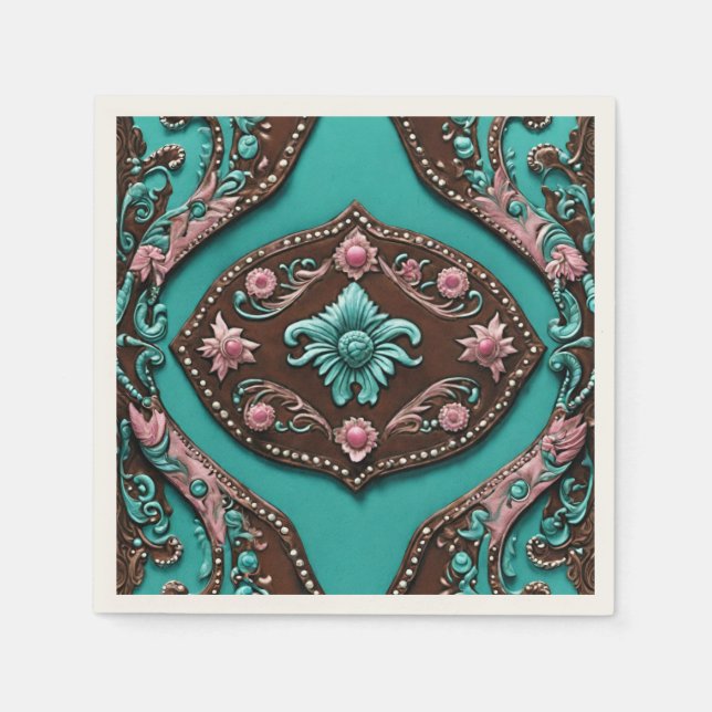 Serviette En Papier Thème Cowgirl Rustique Turquoise Marron Fête Weste (Devant)