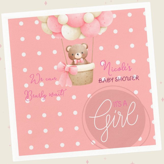 Serviette En Papier Thème de l'ours Peach Baby shower de ballon à air  (Bear Theme Pink Peach Hot Air Balloon Baby Shower Theme)