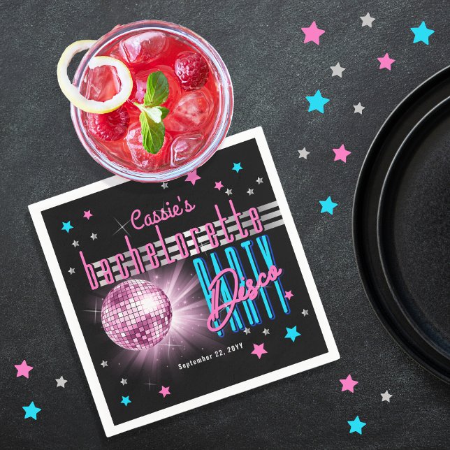 Serviette En Papier Thème rétro années 70 néon boule à facettes enterr (Retro 70's Neon Look Disco Ball Bachelorette Party Cocktail Napkins)