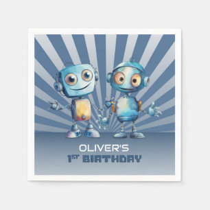 Serviette En Papier Thème Robot Bleu Rétro 1er Anniversaire