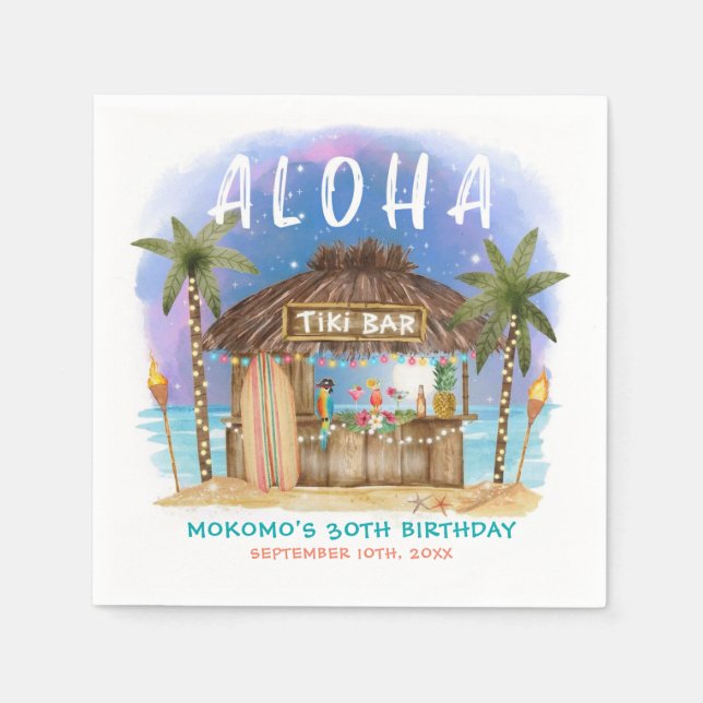 Serviette En Papier Tiki Beach Bar Lune Tropicale Étoiles Anniversaire (Devant)
