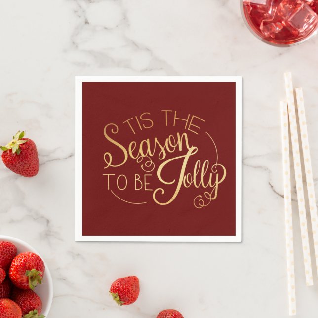 Serviette En Papier "Tis the Season" Gold Script Red Elegant (En situation)