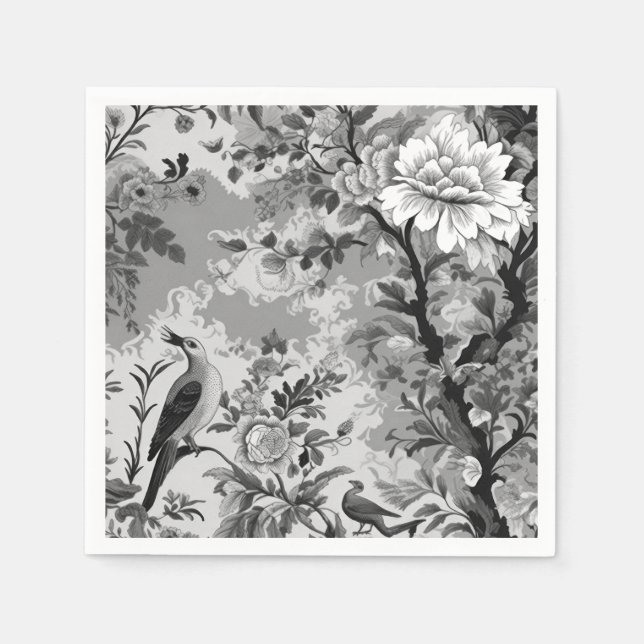 Serviette En Papier Toile de Fleur en noir et argent (Devant)