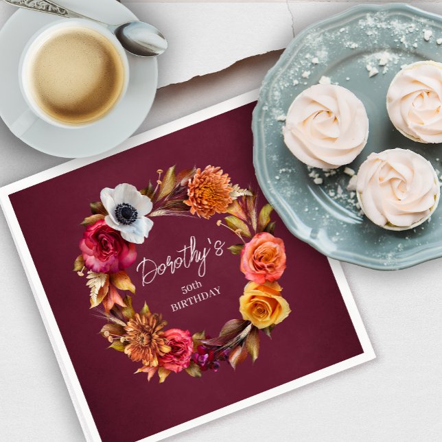 Serviette En Papier Tonalité Terre Bourgogne Fleurs d'automne 50e anni (Add a personalized napkin to your 50th birthday party table to create a unique experience!)