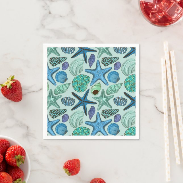 Serviette En Papier Tons De Coquillages Bleus Et Motif D'Écre (En situation)