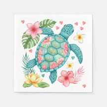 Tortue de mer et fleurs tropicales