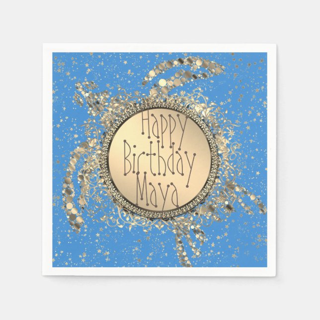 Serviette En Papier Tortue dorée sur bleu Anniversaire (Devant)
