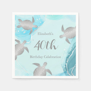 Serviette En Papier Tortues de mer d'argent encre bleue   Anniversaire