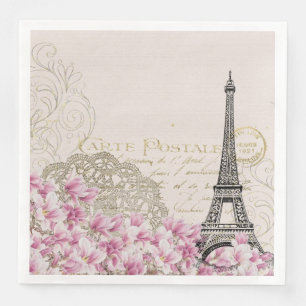 Serviette En Papier Tour Eiffel Paris Carré Rose Vintage Art