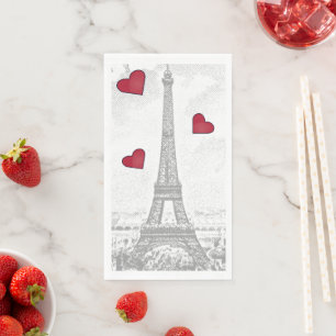 Serviette En Papier Tour Eiffel vintage - Coeurs rouges