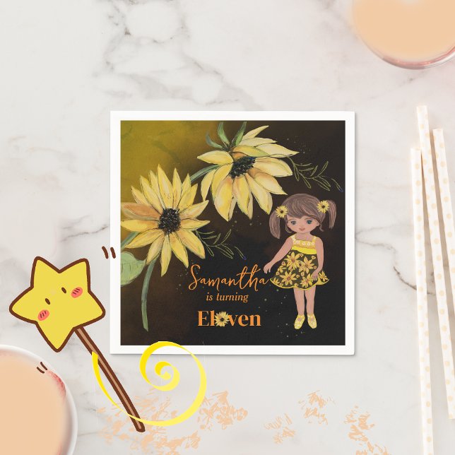 Serviette En Papier Tournesol Aquarelle Cinquième Fille Noir Anniversa (Sunflower Watercolor Fifth Girl Black Birthday Napkins)