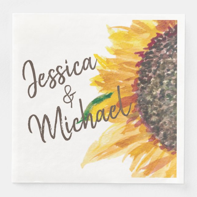 Serviette En Papier Tournesol Brown jaune Mariage blanc Nom du couple (Devant)