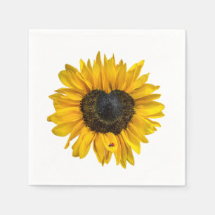 Serviette En Papier Tournesol cœur et coccinelle sur fond blanc