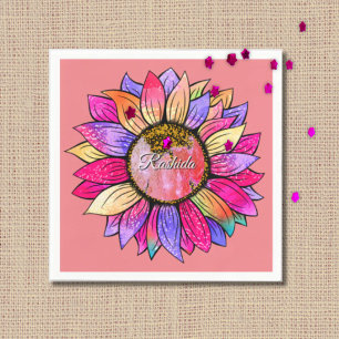 Serviette En Papier Tournesol d'été à l'aquarelle Rose & Violet