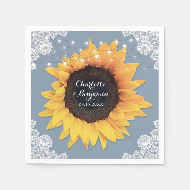 Serviette En Papier Tournesol en dentelle rustique Dusty Mariage bleu (Devant)