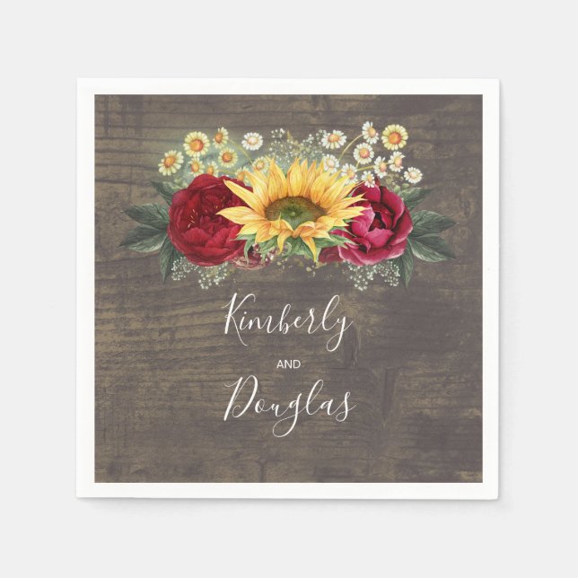 Serviette En Papier Tournesol et Rose rouge Automne Mariage rustique (Devant)