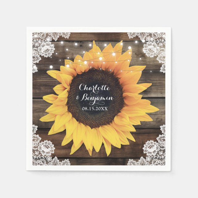Serviette En Papier Tournesol Grange dentelle bois Mariage (Devant)
