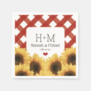 Serviette En Papier Tournesol monogramme et Mariage En vichy rouge