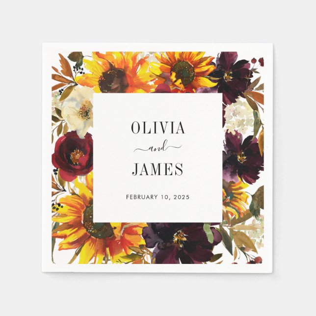 Serviette En Papier Tournesol rustique Aquarelle Bourgogne Chute Flora (Devant)