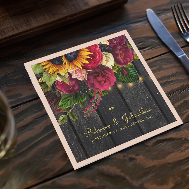 Serviette En Papier Tournesol rustique et rose mariage personnalisé (Créateur téléchargé)
