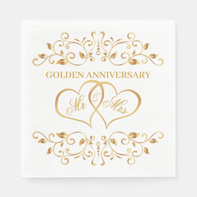 Serviette En Papier Tournoyants dorés, cœurs unis 50e Anniversaire (Devant)