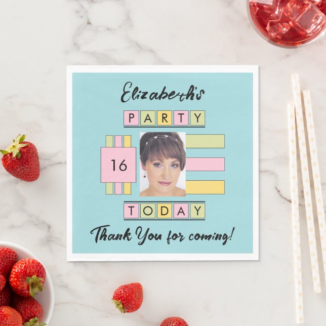 Serviette En Papier Tout âge ajouter nom photo turquoise fête d'annive (En situation)