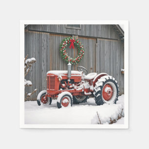 Serviette En Papier Tracteur rouge avec couronne de Noël