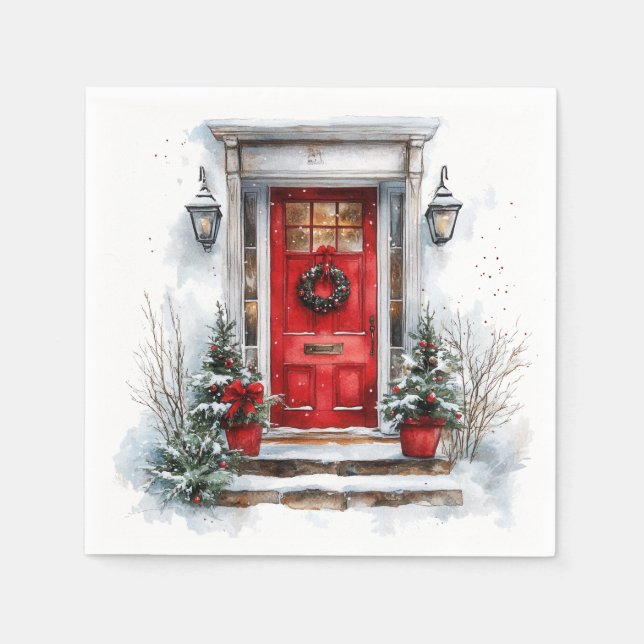 Serviette En Papier Traditional Christmas Holiday Welcome Red Door (Devant)