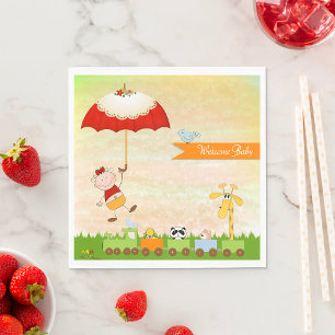 Serviette En Papier Train baby shower avec Animaux et Parapluie