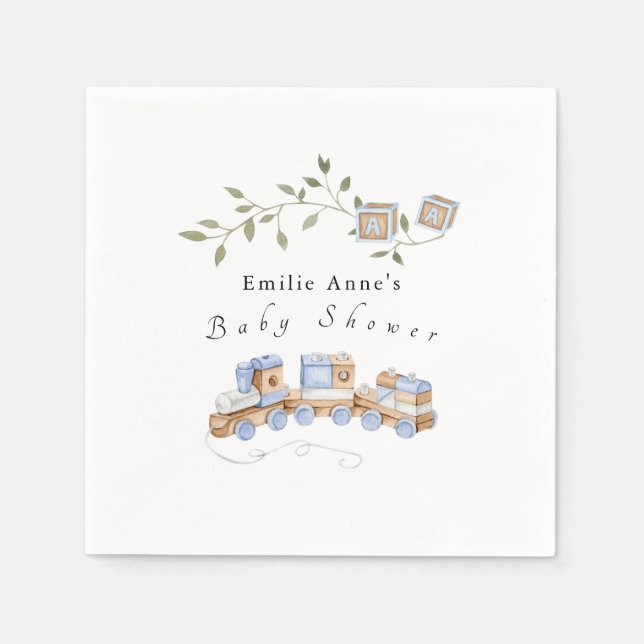 Serviette En Papier Train bleu et blocs Baby shower serviettes (Devant)