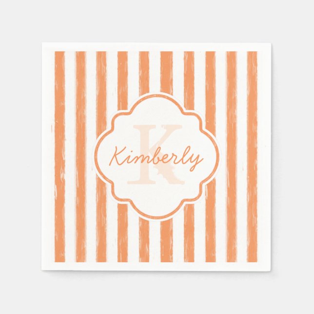 Serviette En Papier Trendy Orange Peint Stripes Monogramme et nom (Devant)