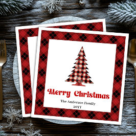 Serviette En Papier Trendy Red Black Plaid Tree Napkin Custom Name