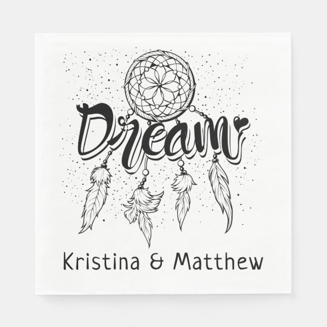 Serviette En Papier Tribal Dreamcatcher Black White Boho Mariage (Devant)