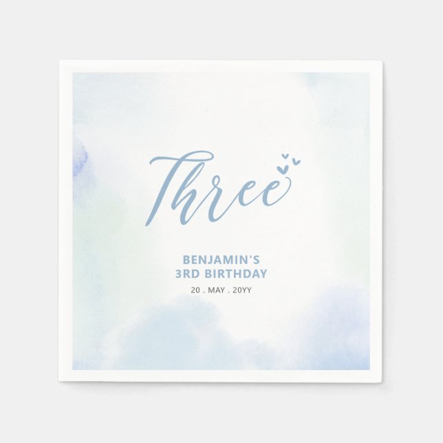 Serviette En Papier Trois | Cœurs bleus et garçon à l'aquarelle 3e ann (Devant)