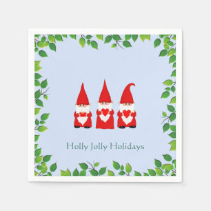 Serviette En Papier Trois Gnomes de Noël et cadre feuille sur bleu cla